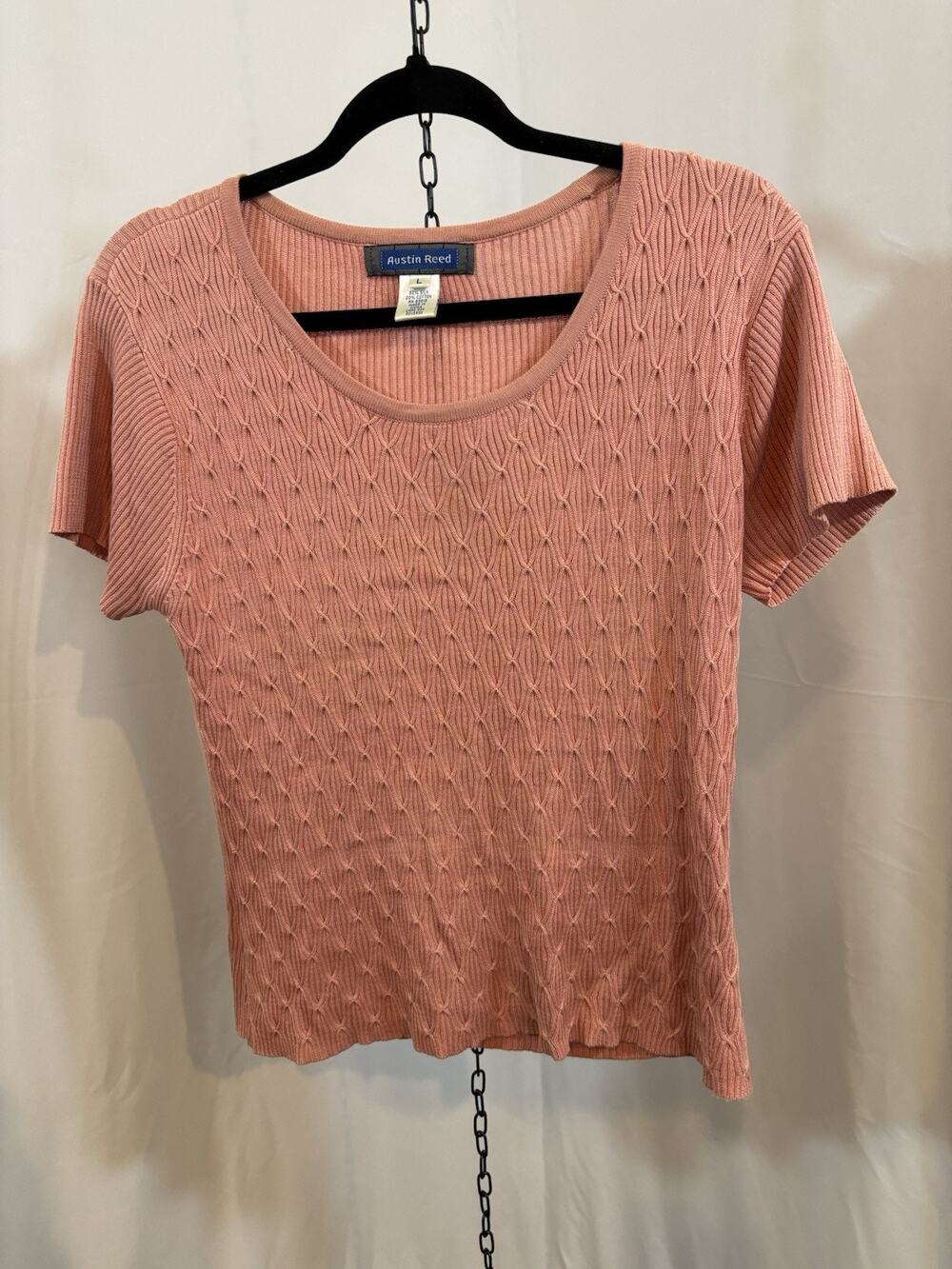 Vintage Austin Reed Ribbed Knit Pink Silk Cotton L Short Sleeve Top